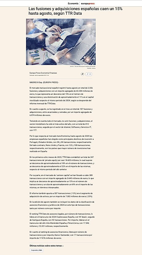 Las fusiones y adquisiciones espaolas caen un 15% hasta agosto, segn TTR Data